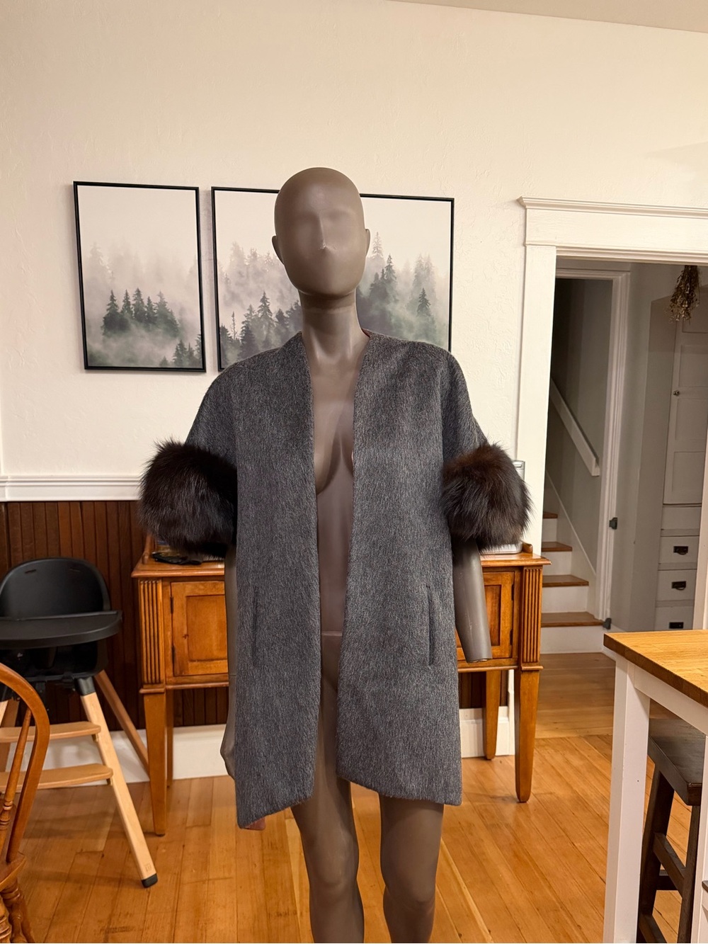 Vintage Zibeline Wool Genuine Fox Fur Shawl Coat Cape Open Front One Size